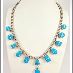 christin Wolf signed reversible sterling turquoise onyx inlay necklace 59.89 g